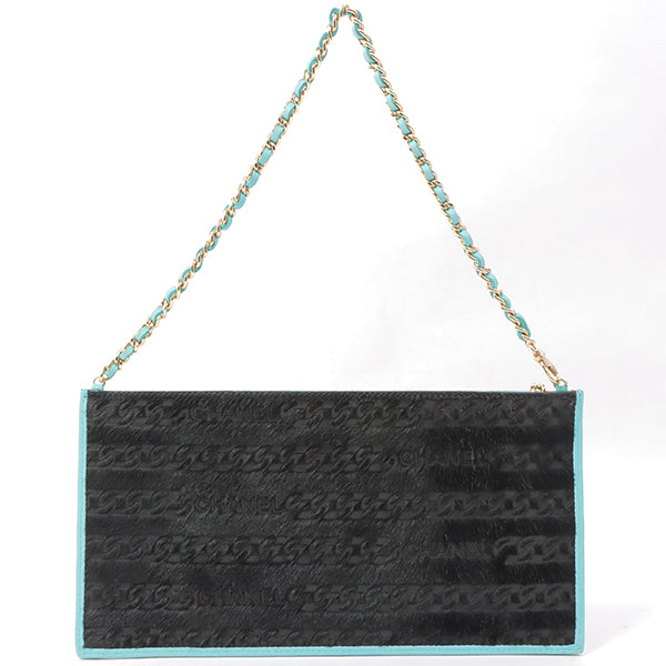 Chanel Around 2000 Made Unborn Calf Logo Embossed Chain Clutch Bag Black/Turquoise Blue