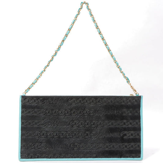 Chanel Around 2000 Made Unborn Calf Logo Embossed Chain Clutch Bag Black/Turquoise Blue