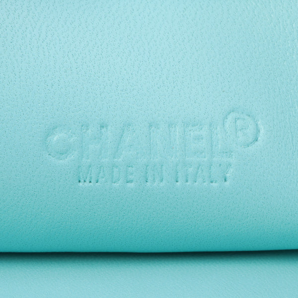 Chanel Around 2000 Made Unborn Calf Logo Embossed Chain Clutch Bag Black/Turquoise Blue