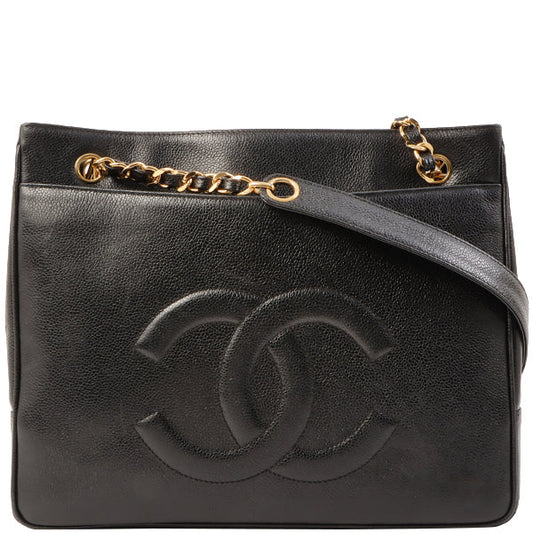 Chanel Around 1992 Made Caviar Skin Cc Mark Stitch Chain Tote Bag Black
