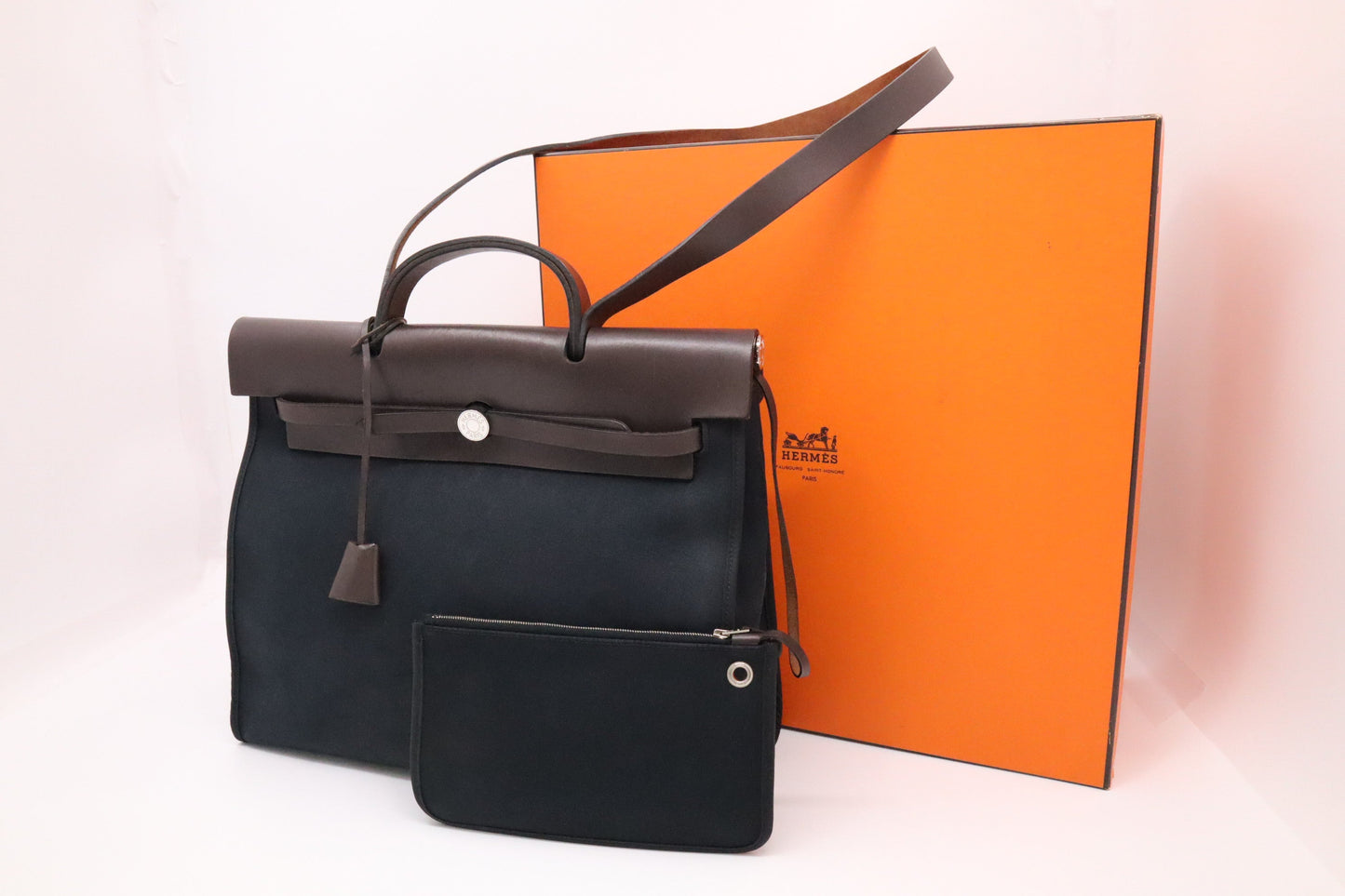 Hermes Herbag Zip 39 in Black Canvas & Brown Leather