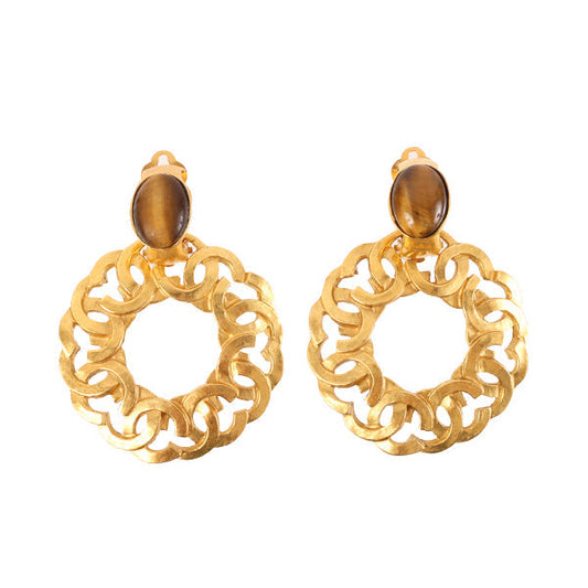 CHANEL 1995 Made Tiger Eye Stone Circle Cc Mark Earrings Brown