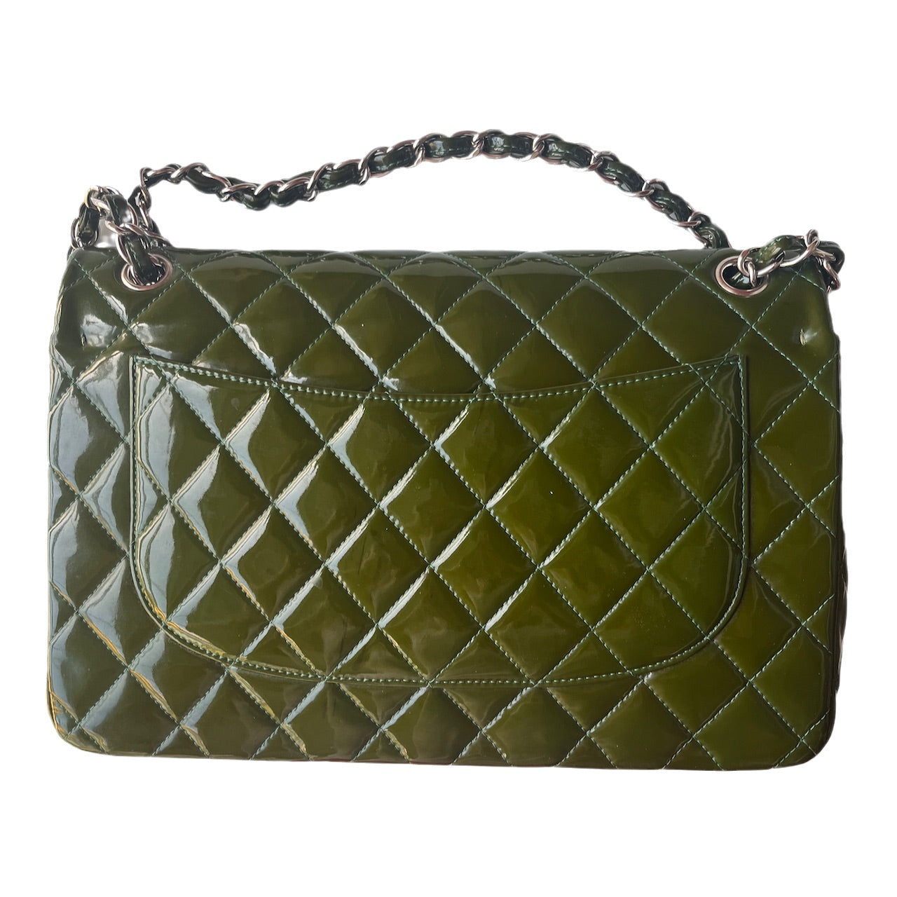 Chanel Classic Flap Jumbo Green Patent Leather Silver Hardware