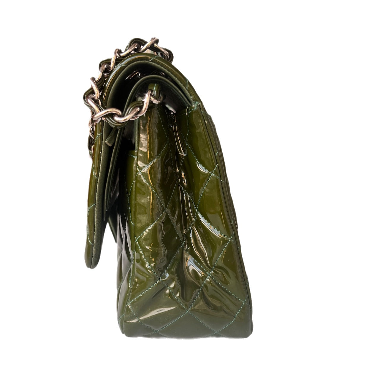 Chanel Classic Flap Jumbo Green Patent Leather Silver Hardware