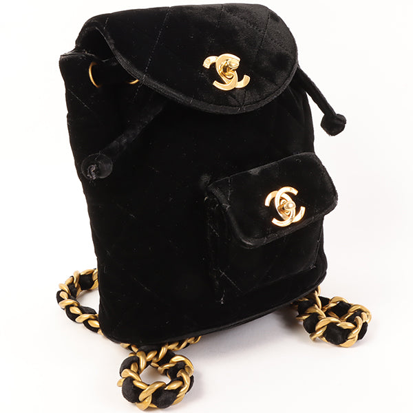 CHANEL Around 1995 Made Double Turn-Lock Velour Backpack Mini Black