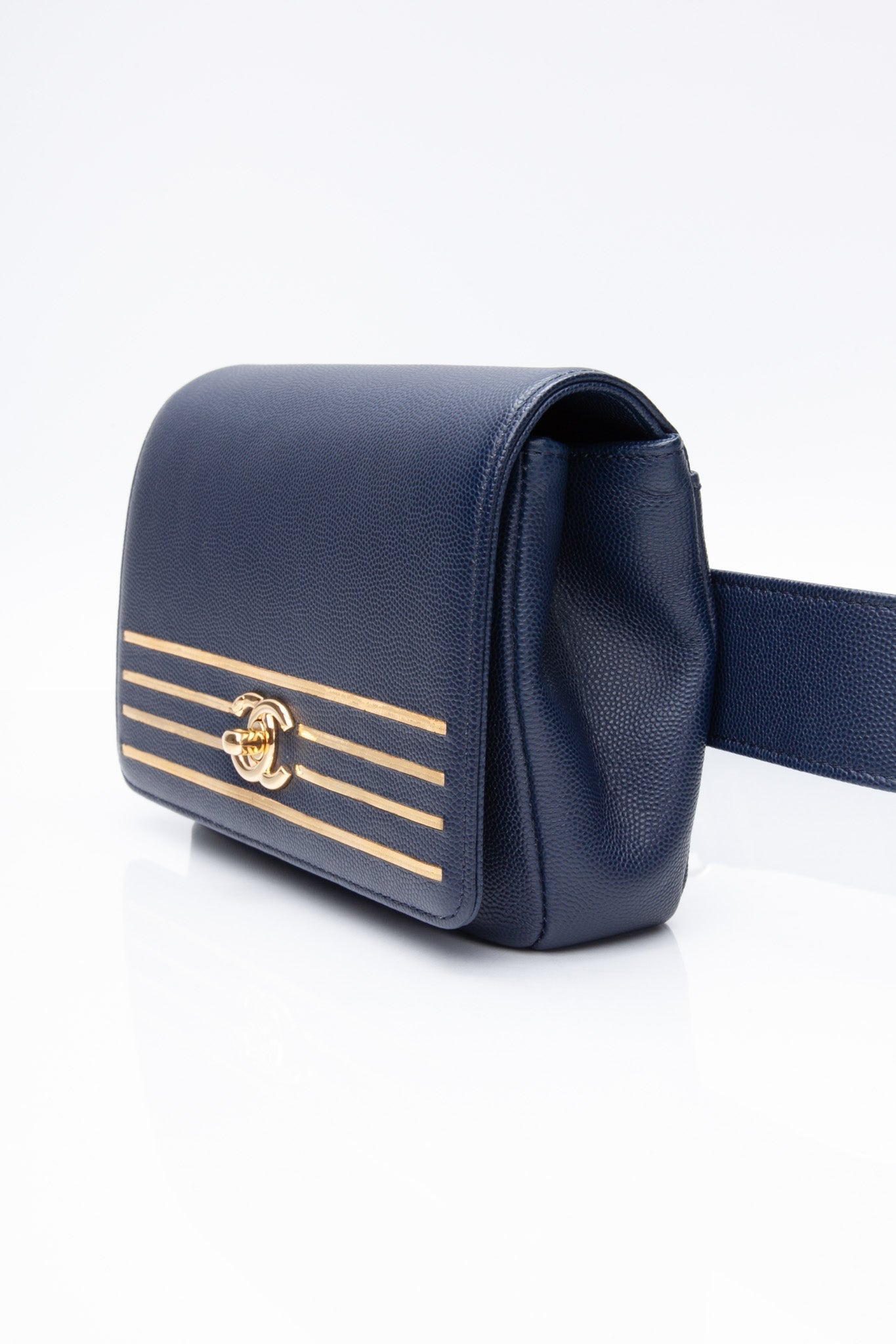 CHANEL Blue Navy Grained Calfskin Embroidered Captain Gold Flap Belt Bag