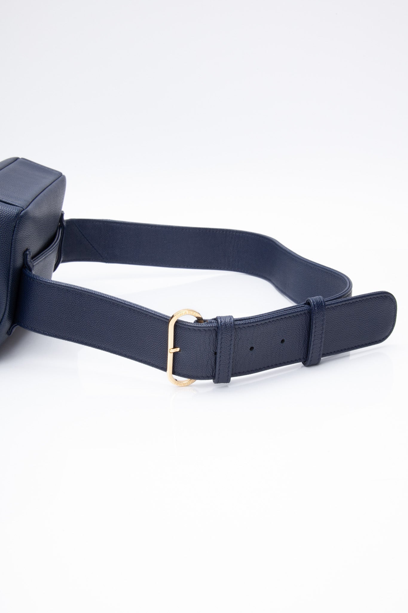 CHANEL Blue Navy Grained Calfskin Embroidered Captain Gold Flap Belt Bag