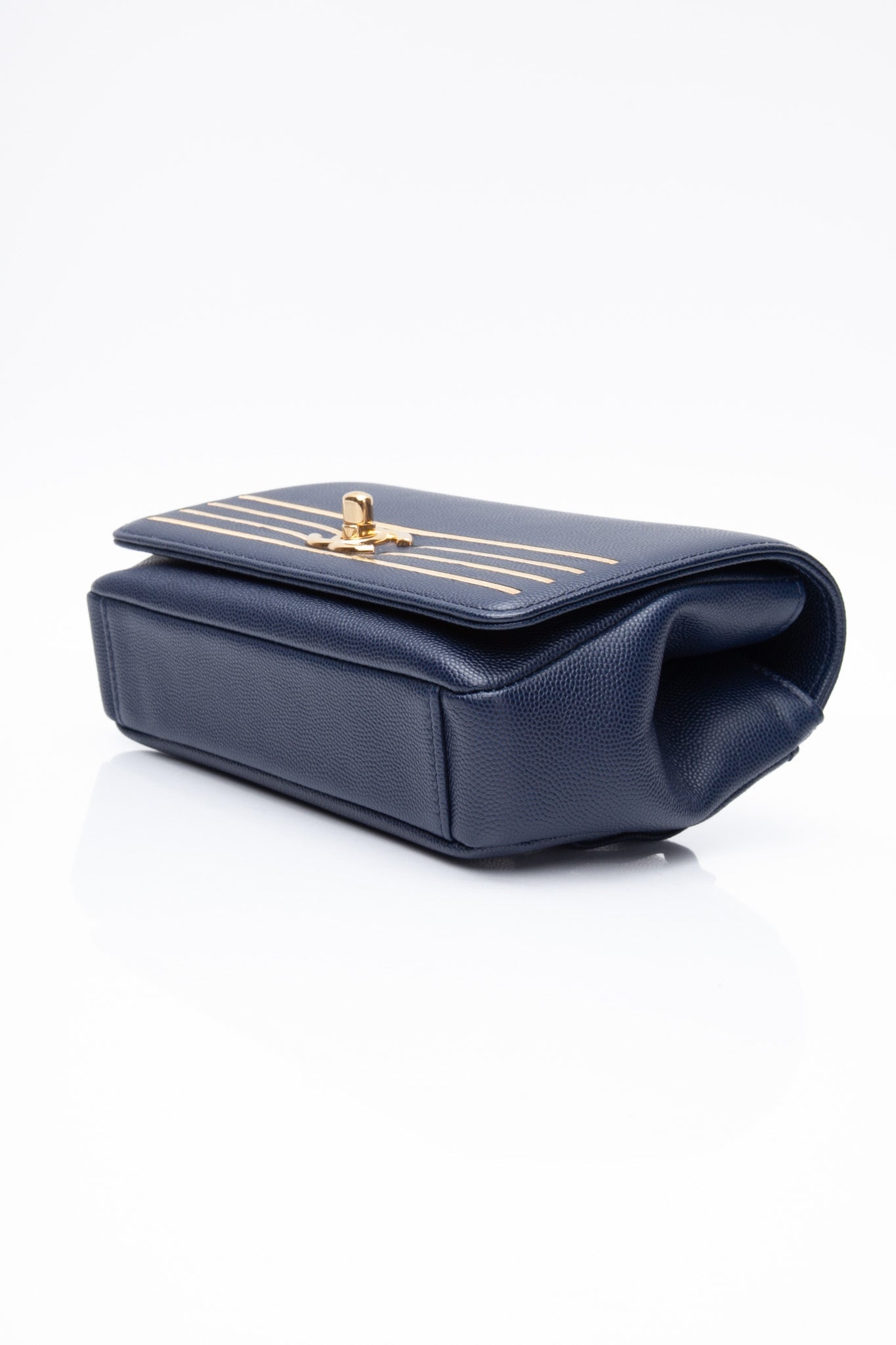 CHANEL Blue Navy Grained Calfskin Embroidered Captain Gold Flap Belt Bag