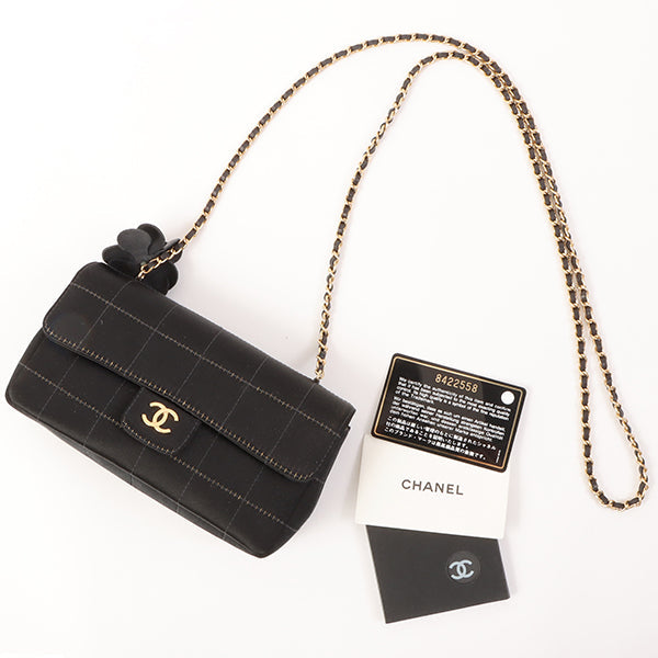 Chanel Around 2003 Made Silk Satin Camellia Chocolate Bar Cc Mar Mini Chain Bag Black
