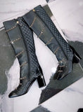 CHANEL CHAIN ACCENT QUILTED LEATHER KNEE HIGH BOOTS