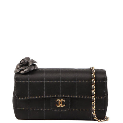Chanel Around 2003 Made Silk Satin Camellia Chocolate Bar Cc Mar Mini Chain Bag Black