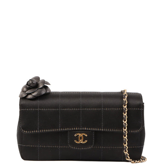 Chanel Around 2003 Made Silk Satin Camellia Chocolate Bar Cc Mar Mini Chain Bag Black