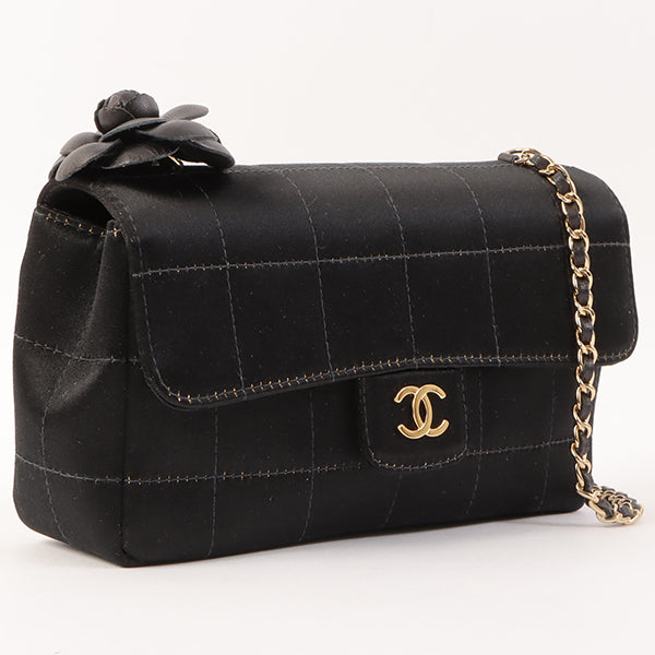 Chanel Around 2003 Made Silk Satin Camellia Chocolate Bar Cc Mar Mini Chain Bag Black