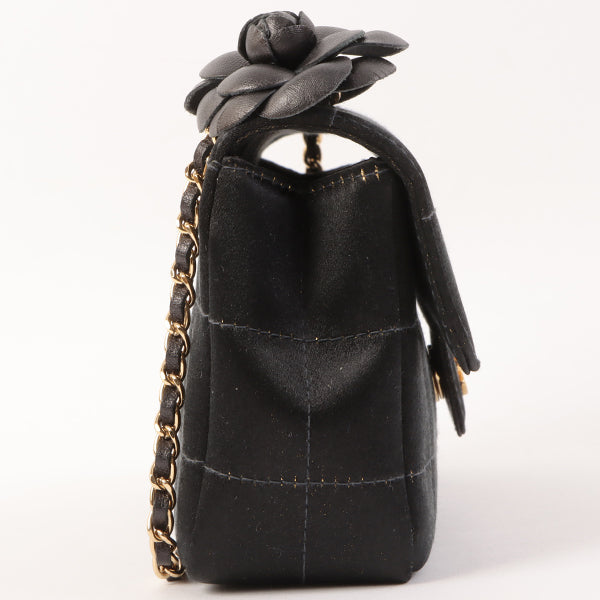 Chanel Around 2003 Made Silk Satin Camellia Chocolate Bar Cc Mar Mini Chain Bag Black