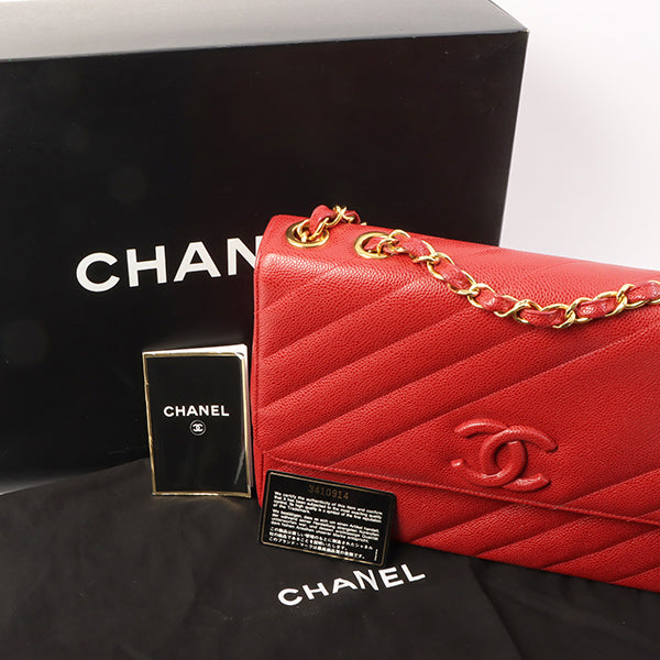 Chanel Around 1995 Made Caviar Skin Cc Mark Diagonal Stitch Chain Bag Red
