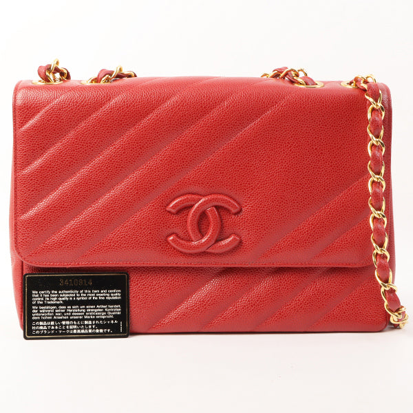 CHANEL Around 1995 Made Caviar Skin Cc Mark Diagonal Stitch Chain Bag Red