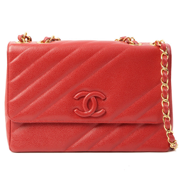 CHANEL Around 1995 Made Caviar Skin Cc Mark Diagonal Stitch Chain Bag Red