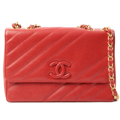CHANEL Around 1995 Made Caviar Skin Cc Mark Diagonal Stitch Chain Bag Red