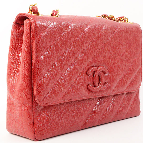 Chanel Around 1995 Made Caviar Skin Cc Mark Diagonal Stitch Chain Bag Red
