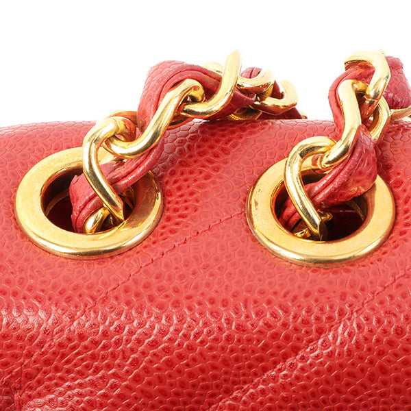 CHANEL Around 1995 Made Caviar Skin Cc Mark Diagonal Stitch Chain Bag Red