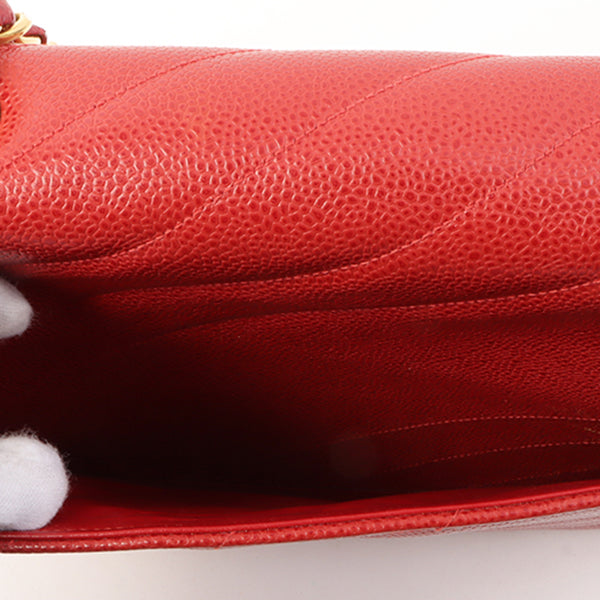 CHANEL Around 1995 Made Caviar Skin Cc Mark Diagonal Stitch Chain Bag Red