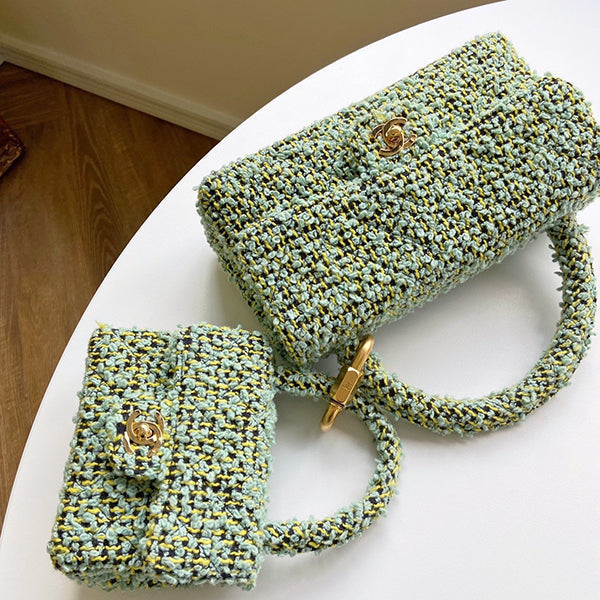 Chanel Around 1993 Made Tweed Classic Flap Top Handle Bag With Micro Bag Apple Green