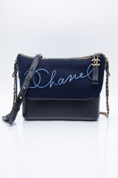 CHANEL Navy Paris Hamburg Felt Gabrielle Hobo Embroidered Wool and Calfskin