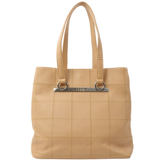 Chanel Around 2006 Made Caviar Skin Chocolate Bar Cut-Out Logo Plate Shoulder Bag Smoky Beige