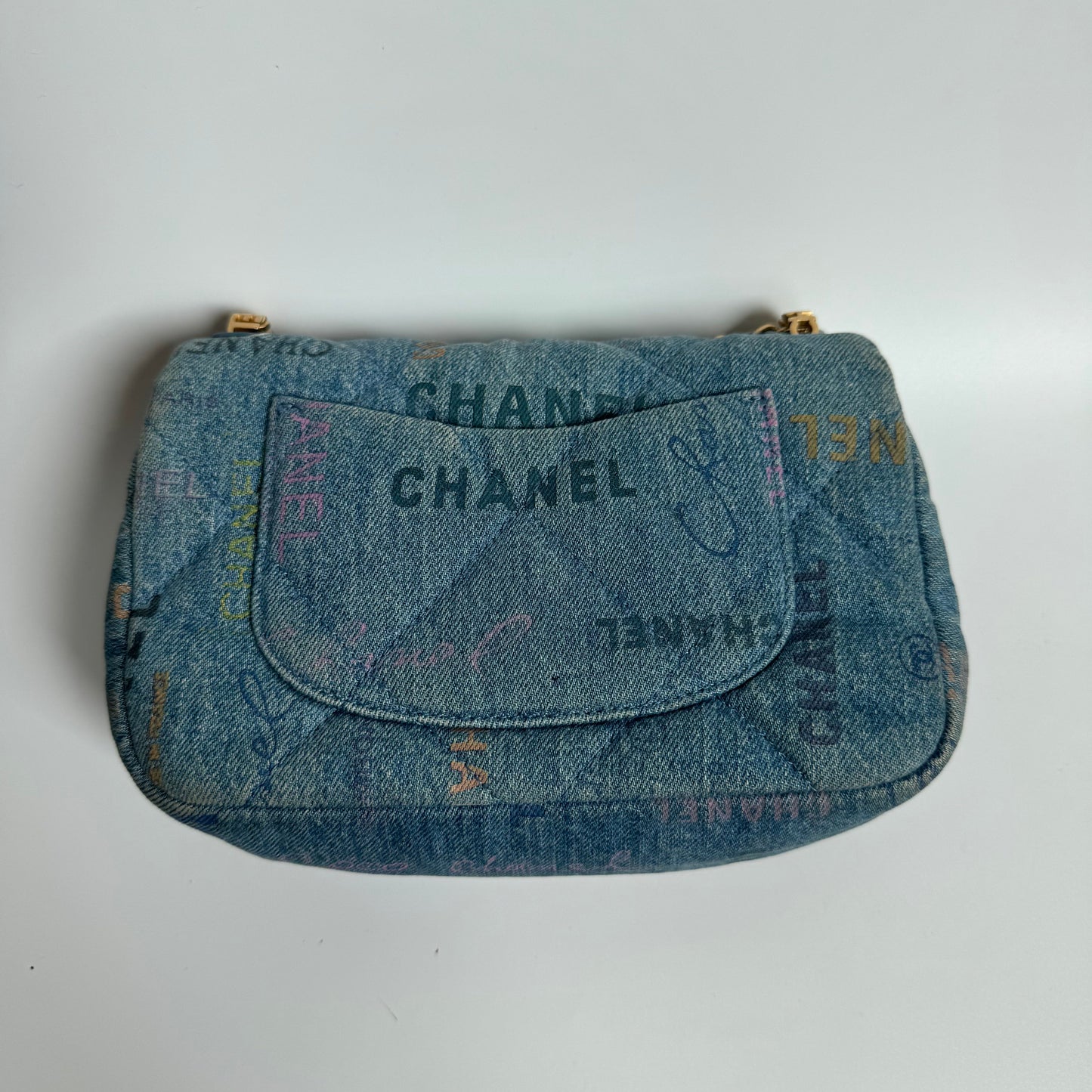 Chanel Classic Flap Mini Rectangular Blue Denim Jeans Gold Hardware Microchip