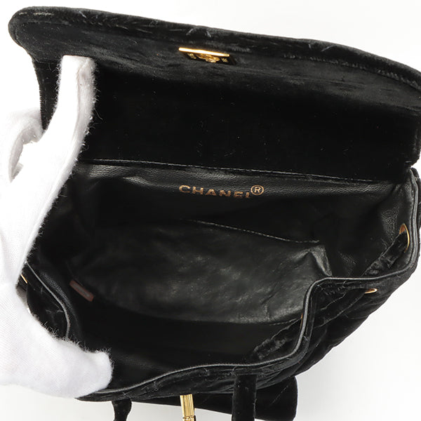 CHANEL Around 1995 Made Double Turn-Lock Velour Backpack Black