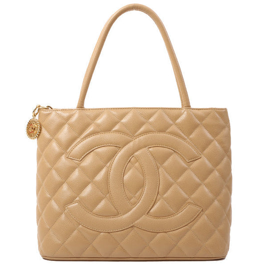 Chanel Around 2003 Made Caviar Skin Big Cc Mark Stitch Tote Bag Beige