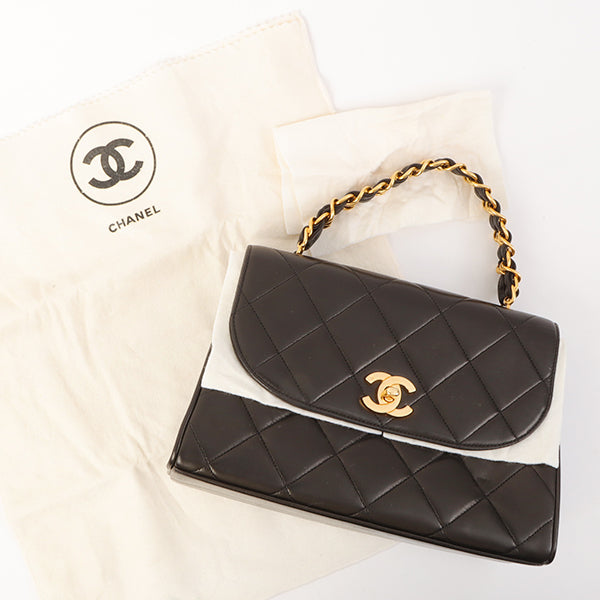 Chanel Around 1995 Made Design Flap Turn-Lock Chain Top Handle Bag Black