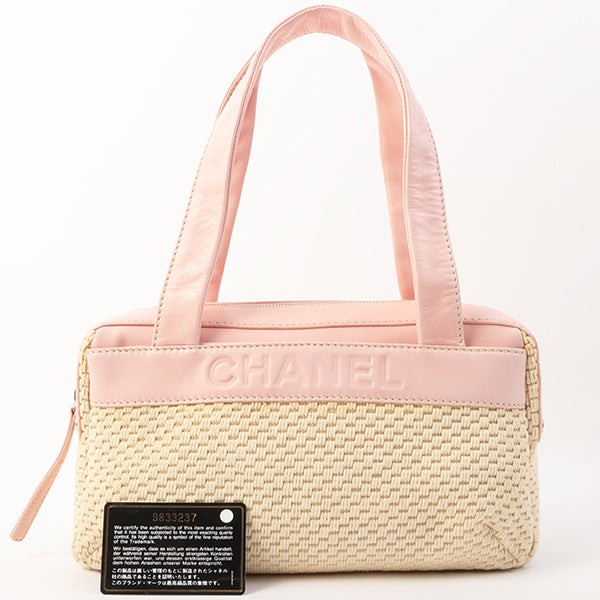 Chanel Around 2005 Made Cotton Leather Combination Logo Embossed Top Handle Bag Beige/Pink