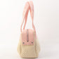 Chanel Around 2005 Made Cotton Leather Combination Logo Embossed Top Handle Bag Beige/Pink