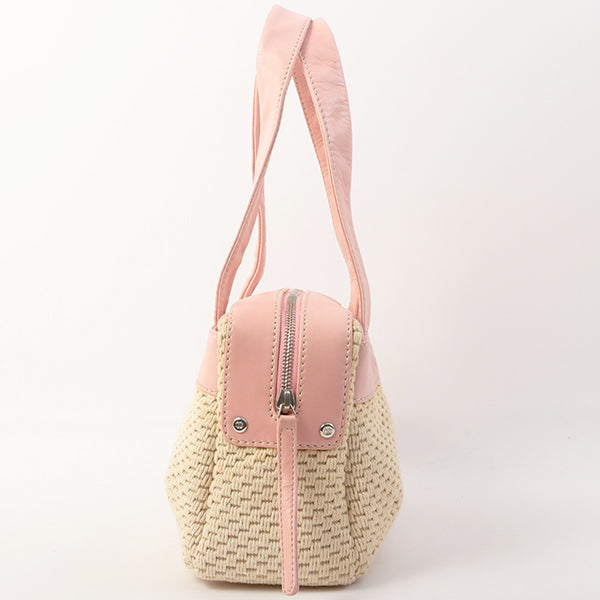 Chanel Around 2005 Made Cotton Leather Combination Logo Embossed Top Handle Bag Beige/Pink