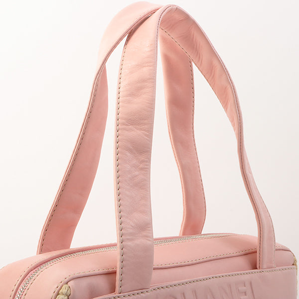 Chanel Around 2005 Made Cotton Leather Combination Logo Embossed Top Handle Bag Beige/Pink
