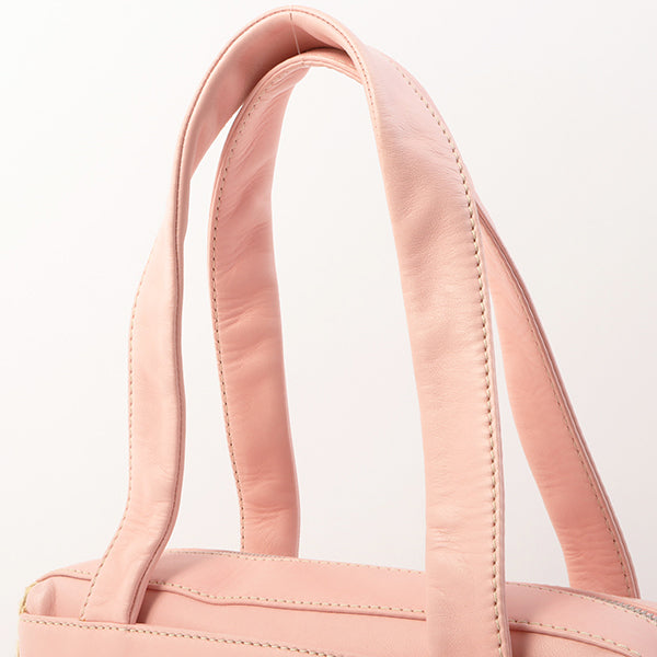 Chanel Around 2005 Made Cotton Leather Combination Logo Embossed Top Handle Bag Beige/Pink