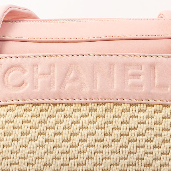 Chanel Around 2005 Made Cotton Leather Combination Logo Embossed Top Handle Bag Beige/Pink