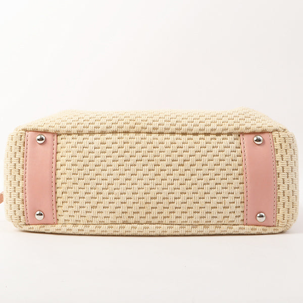 Chanel Around 2005 Made Cotton Leather Combination Logo Embossed Top Handle Bag Beige/Pink