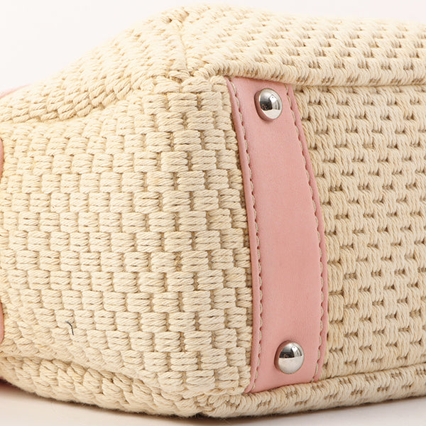 Chanel Around 2005 Made Cotton Leather Combination Logo Embossed Top Handle Bag Beige/Pink