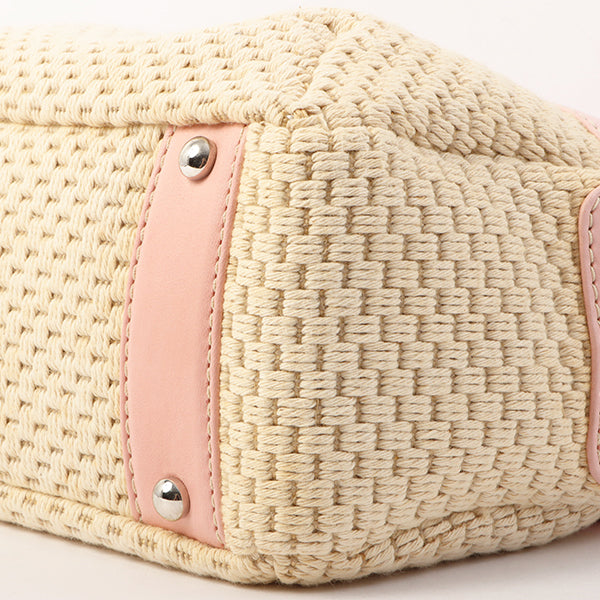 Chanel Around 2005 Made Cotton Leather Combination Logo Embossed Top Handle Bag Beige/Pink