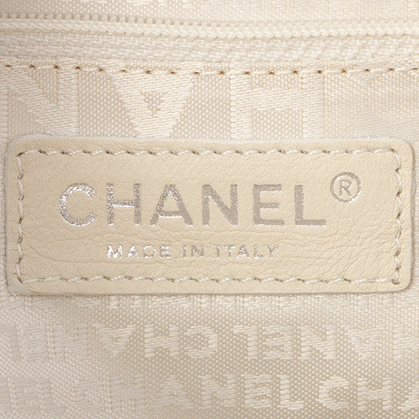 Chanel Around 2005 Made Cotton Leather Combination Logo Embossed Top Handle Bag Beige/Pink