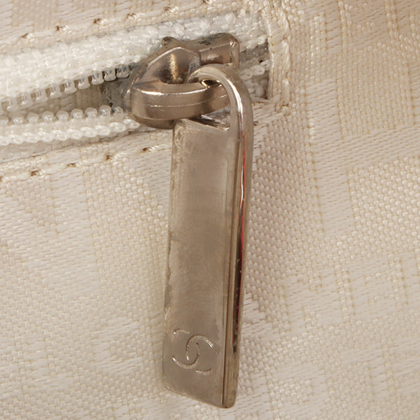 Chanel Around 2005 Made Cotton Leather Combination Logo Embossed Top Handle Bag Beige/Pink