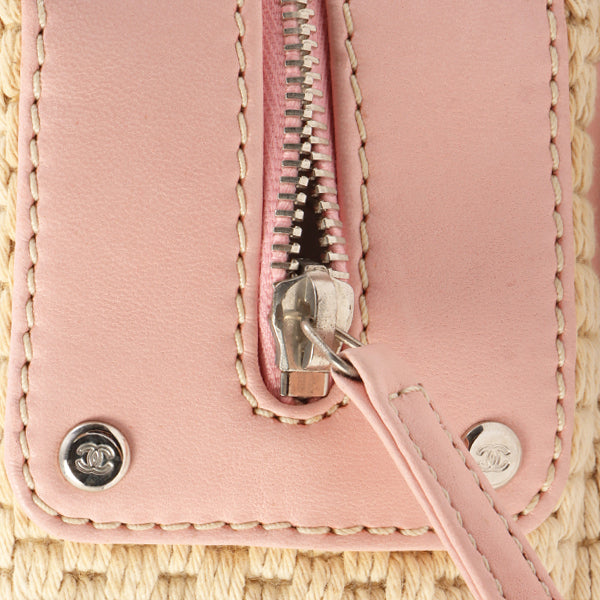 Chanel Around 2005 Made Cotton Leather Combination Logo Embossed Top Handle Bag Beige/Pink