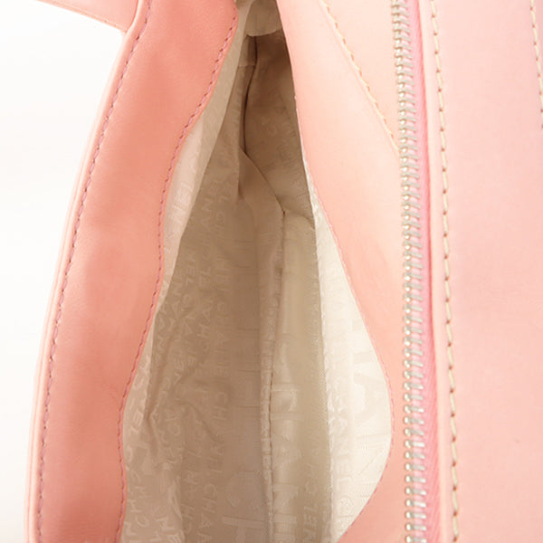 Chanel Around 2005 Made Cotton Leather Combination Logo Embossed Top Handle Bag Beige/Pink