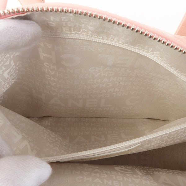 Chanel Around 2005 Made Cotton Leather Combination Logo Embossed Top Handle Bag Beige/Pink
