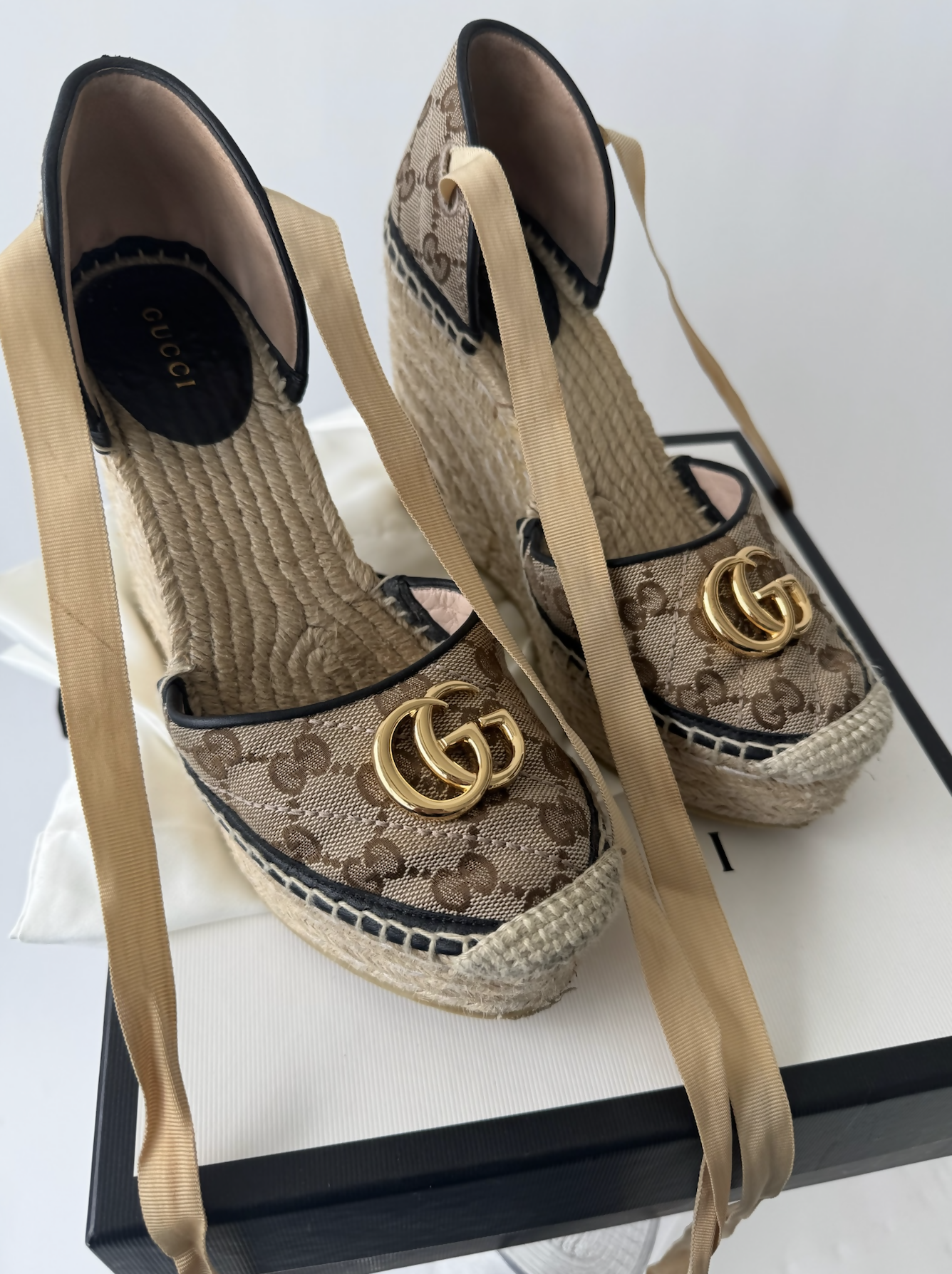 Gucci Beige/Black GG Canvas And Leather Platform Wedge Ankle Tie Up Sandals - FULL SET
