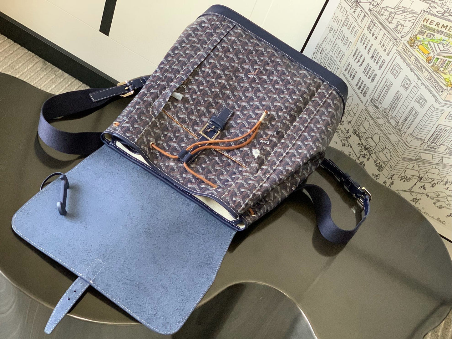 ALPIN MM BACKPACK 39 NAVY BLUE CANVAS CLAMECY CALFSKIN Amelia