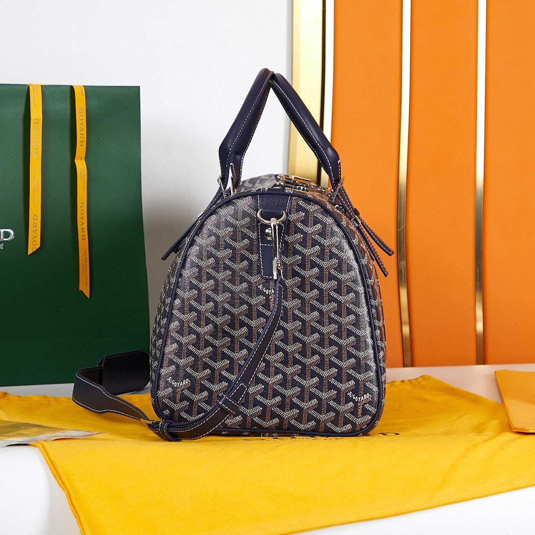 BOSTON 45 BAG IN NAVY BLUE GOYARDINE CANVAS AND CALFSKIN TRIM Amelia