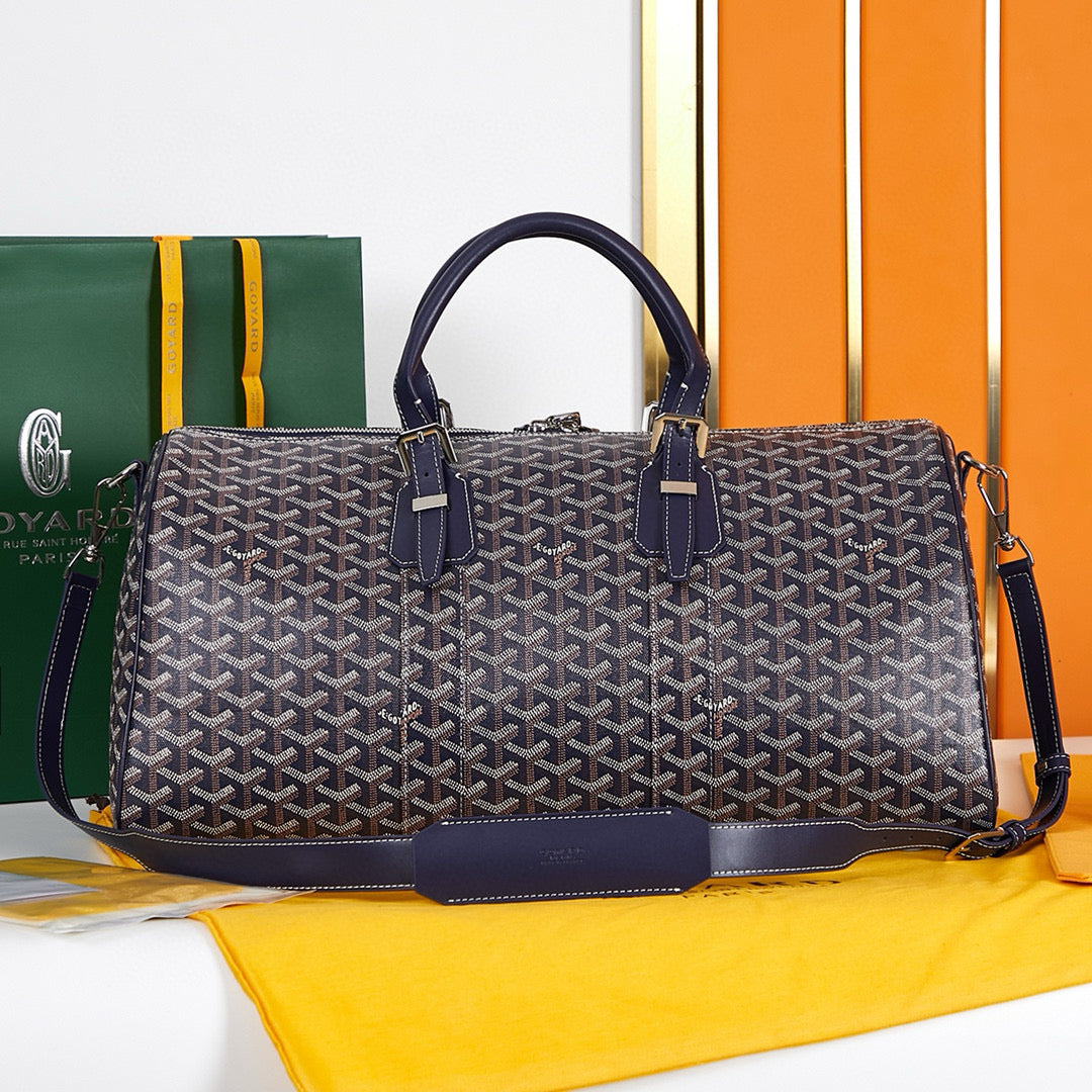BOSTON 45 BAG IN NAVY BLUE GOYARDINE CANVAS AND CALFSKIN TRIM Amelia